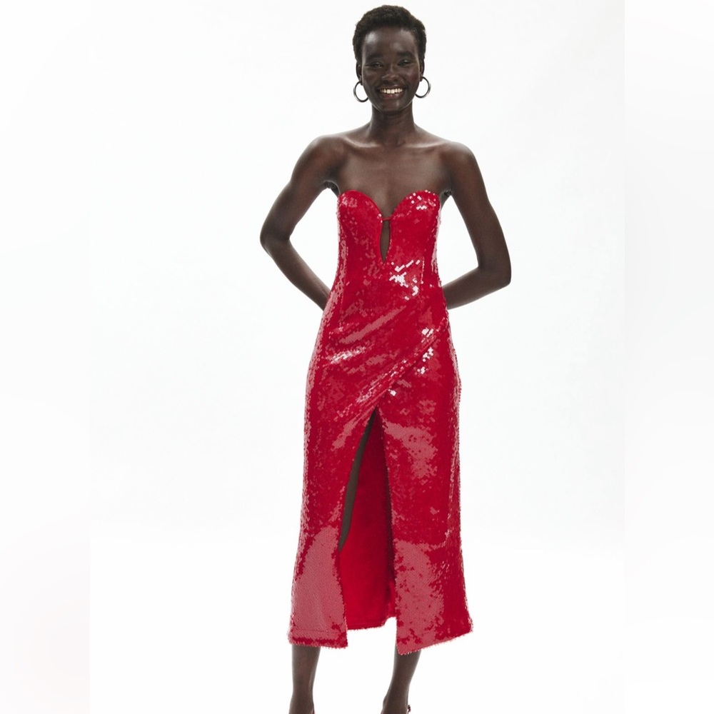 BARDOT ANTIGONE STRAPLESS SEQUIN MIDI DRESS